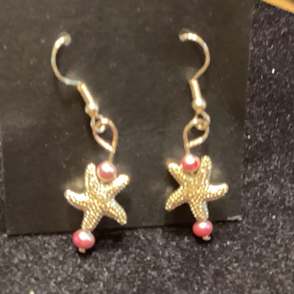 Gold Starfish Drop Earrings with Pink Beads